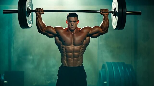 Muscular man lifting weights gym,atmospheric lighting.Athlete performs weightlifting,focused intensity.Fitness environment,strength training.setting encourages robust workouts.Ambiance fosters