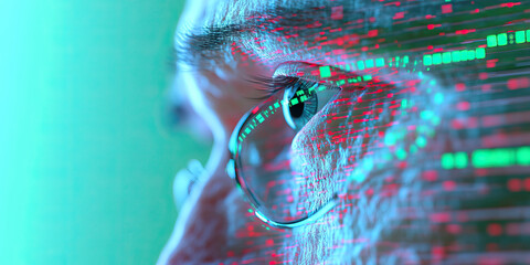 Human Eye and Glasses Overlaid with Digital Code