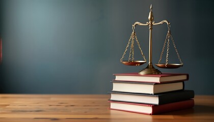 Legal scales balanced over stacked law books on wooden table. Justice, balance symbolized. Image suggests fairness in legal proceedings. Evokes courtroom setting office of lawyer legal professional.