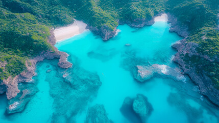 Aerial view of secluded tropical beach with turquoise water and lush greenery