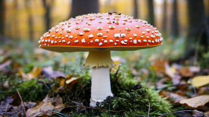 Red-capped fly agaric mushroom with noticeable white spots. Against the backdrop of a serene forest.