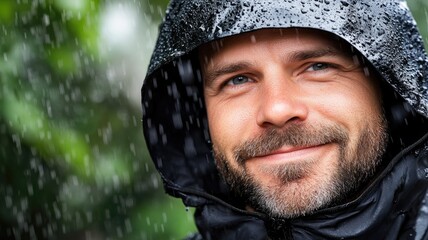 Obraz premium Smiling man in raincoat with hood up, rain falling
