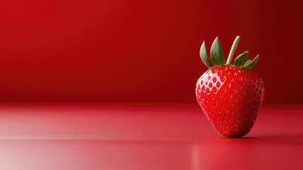 Fresh red strawberry with green leaves on vibrant background
