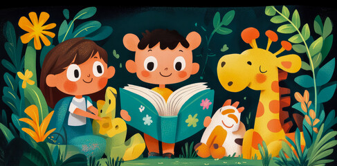 Children Reading Book with Animals in Garden Illustration
