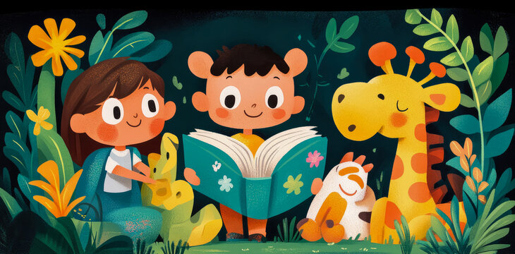 Children Reading Book with Animals in Garden Illustration
