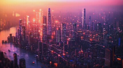 Fototapeta premium Smart digital Innovation city with connection network reciprocity over the twilight cityscape. of future smart wireless digital city and social media networking systems that connects people with city