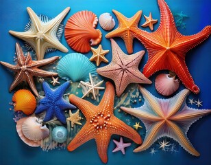 Vibrant Collage of Sea Stars: A Stunning Collection of Colorful Starfish and Marine Elements from the Ocean