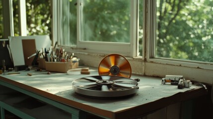 A bright art table near a window is cluttered with art supplies, sunlight streaming through foliage, inspiring a creative, energetic workspace.
