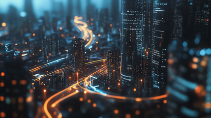 Fototapeta premium Smart digital Innovation city with connection network reciprocity over the twilight cityscape. of future smart wireless digital city and social media networking systems that connects people with city