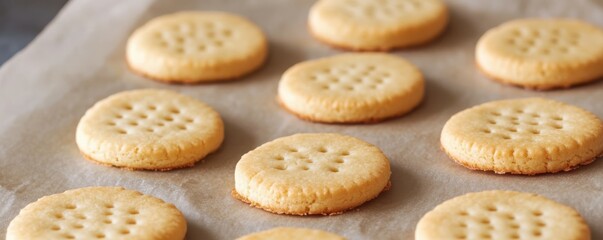 Golden baked shortbread cookies on parchment paper