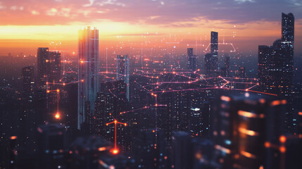 Obraz premium Smart digital Innovation city with connection network reciprocity over the twilight cityscape. of future smart wireless digital city and social media networking systems that connects people with city