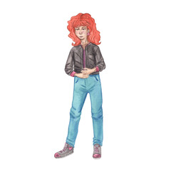 Watercolor illustration of a girl with red hair dressed in the style of the 80s. A woman in casual clothes, fashion. Valentine's day. Hand-drawn. Suitable for postcards, magazines, books, stickers.