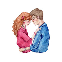 Watercolor illustration of an embracing couple. Lovers. Valentine's day. The style of the 80s. Ideal for greeting cards, wedding invitations, Valentine's Day designs, or romantic-themed projects.