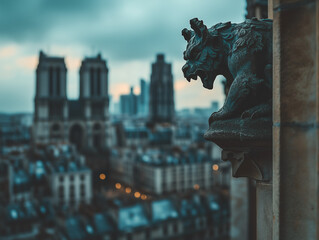 Gargoyle Overlooking Gothic Cityscape at Dusk