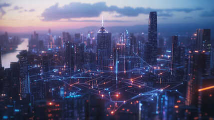 Obraz premium Smart digital Innovation city with connection network reciprocity over the twilight cityscape. of future smart wireless digital city and social media networking systems that connects people with city