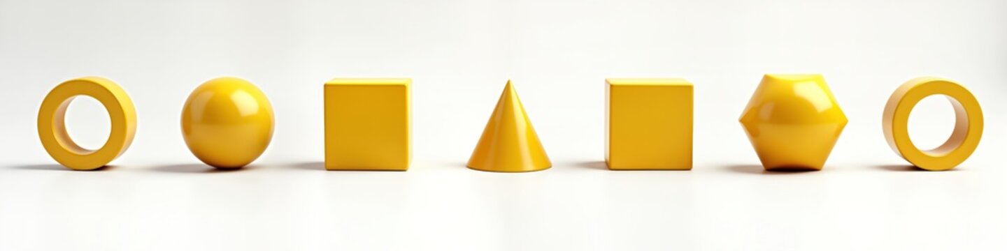 Set of basic yellow 3d geometric shapes isolated on white background. Collection of sphere, cube, cone, cylinder, pentagon, ring. Shapes in trendy yellow. Perfect for education, graphic design.