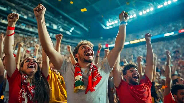 Enthusiastic supporters cheering nighttime sports event,festive atmosphere confetti.Young adults celebrate victory crowded stadium.Fans wearing vibrant jerseys express joy.Group cheers thrilling game