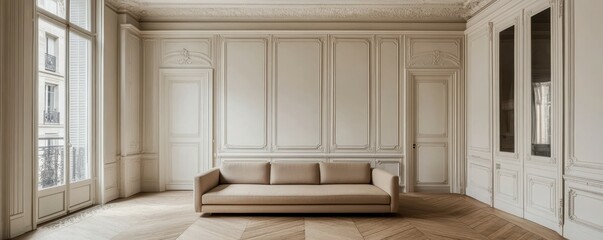 Elegant minimalist parisian living room with classic molding and neutral sofa