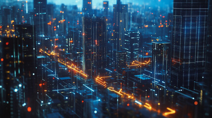 Fototapeta premium Smart digital Innovation city with connection network reciprocity over the twilight cityscape. of future smart wireless digital city and social media networking systems that connects people with city