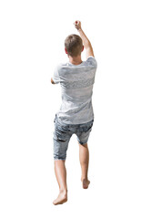 Rear view full length portrait of active young man pulling something imaginary or holding strong with hands lifted up isolated over transparent background
