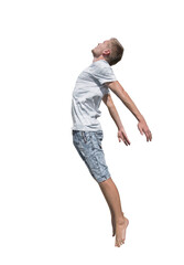 Young man mystical rapture jump isolated on transparent background. Dynamic movement of a person in the air, jumping or falling in motion