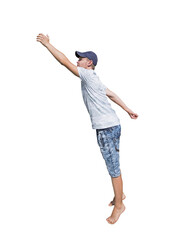 Side view full length young man hand stretched trying to reach to something isolated on transparent background