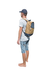 Side view full length portrait of a casual young man traveler carrying a backpack and wearing a cap ready for adventure isolated on transparent background