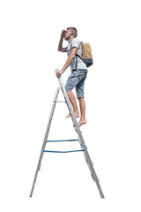 Side view full length casual man traveler climbing a ladder carrying a backpack looking away hand to forehead isolated on transparent background © psychoshadow