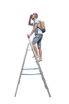 Side view full length casual man traveler climbing a ladder carrying a backpack looking away hand to forehead isolated on transparent background