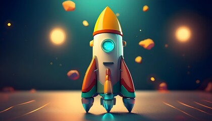 Naklejka premium Cartoonish 3D rocket ready to launch. Shuttle spaceship heading into space, business startup launch concept