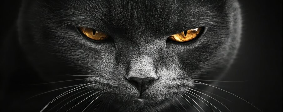 Intense gaze of a grey cat with striking orange eyes in close-up portrait