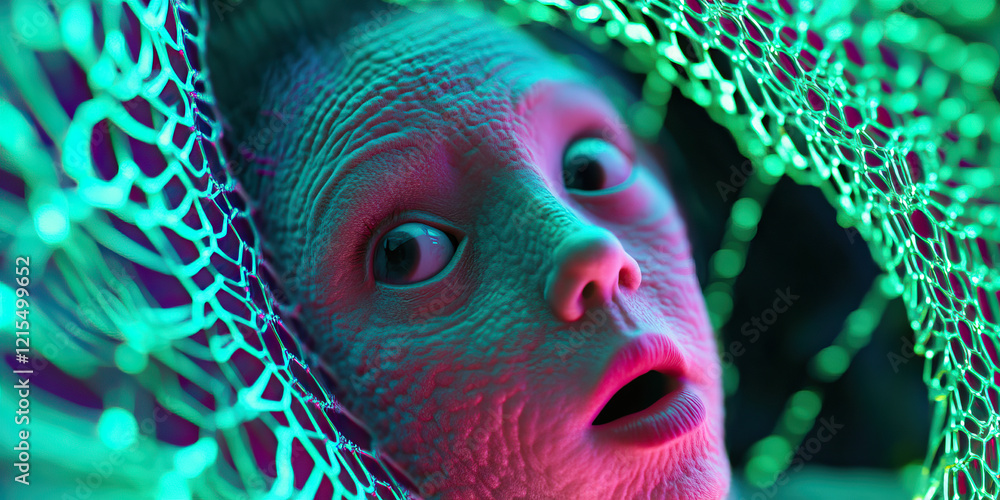 Poster close-up of digitally altered face with neon netting