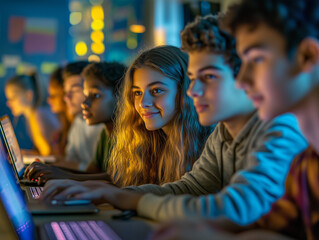 Diverse Students Collaborating in Digital Classroom