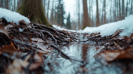 Fototapeta premium A narrow forest stream with roots and snow, creating a contrast between earth and water, evoking a serene winter landscape.