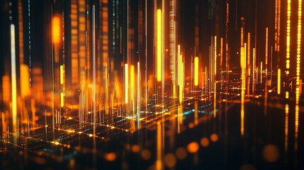 Abstract Digital Data Stream with Orange and Blue Glowing Vertical Lines