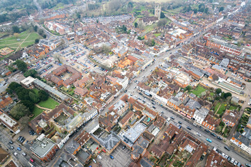 Aerial view of the downtown center high street of Farnham, Surrey England, in a Misty winter day