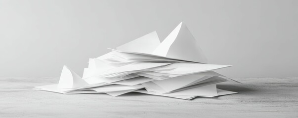 Pile of white papers arranged randomly on a light gray surface background