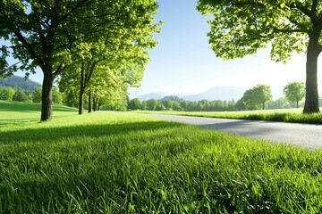 Obraz premium A serene landscape featuring lush green grass, vibrant trees, and a winding road under a clear blue sky, inviting tranquility and connection with nature.