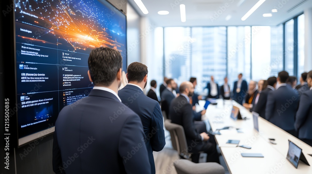 Poster modern conference room filled with professionals engaged in a meeting, featuring a large screen disp