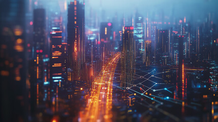 Smart digital Innovation city with connection network reciprocity over the twilight cityscape. of future smart wireless digital city and social media networking systems that connects people with city