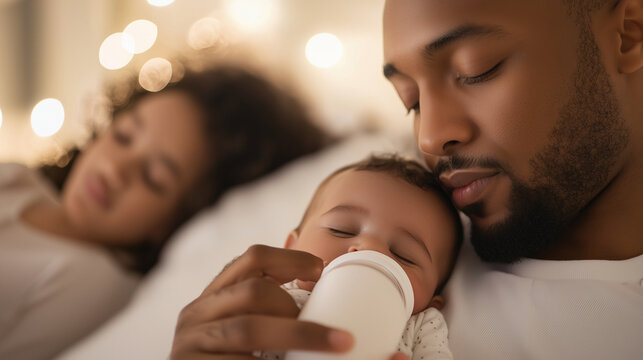 Father Bottle Feeding Baby at Night While Mother Sleeps