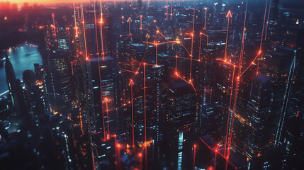 Obraz premium Smart digital Innovation city with connection network reciprocity over the twilight cityscape. of future smart wireless digital city and social media networking systems that connects people with city