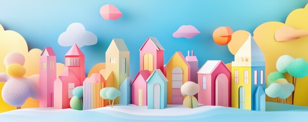 Colorful 3d pastel village with whimsical architecture and dreamy sky