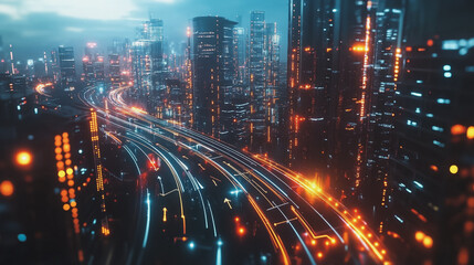 Naklejka premium Smart digital Innovation city with connection network reciprocity over the twilight cityscape. of future smart wireless digital city and social media networking systems that connects people with city