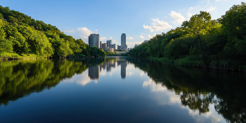 City Skyline Reflected in River with Green Banks