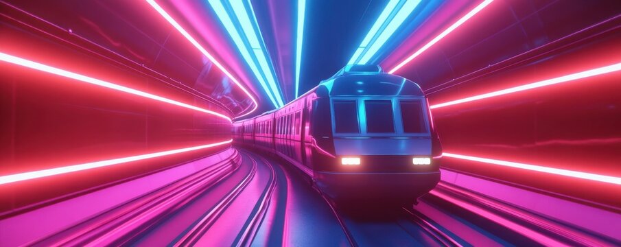Futuristic neon train in tunnel with vibrant lights and motion