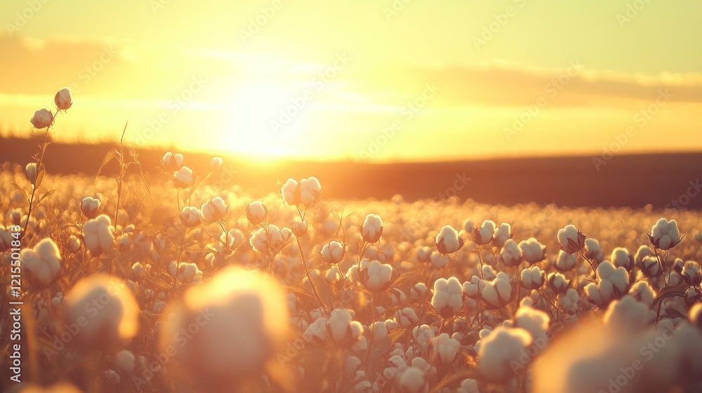 Wall mural Golden sunset over a vast field of ripe cotton plants.