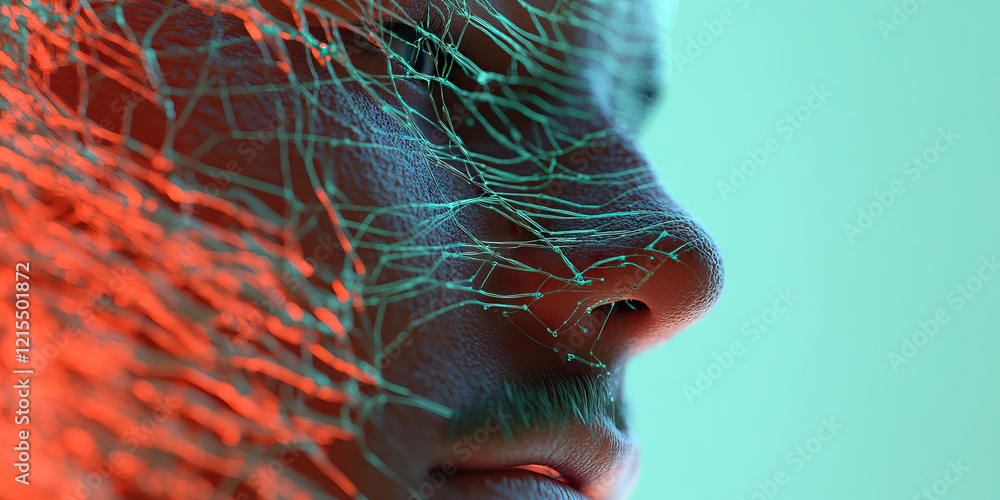 Poster digital rendering of face with network overlay