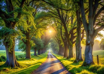 Fototapeta premium Serene Country Pathway: Tranquil Rural Scene with Meandering Path & Towering Trees