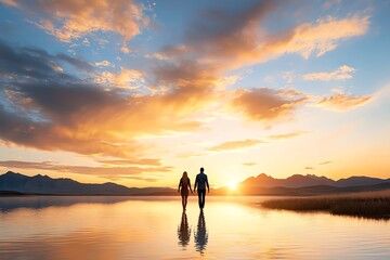 Fototapeta premium Silhouette of a couple walking hand in hand along the water's edge during a stunning sunset. The sky is filled with vibrant colors reflecting on the calm surface of the lake.